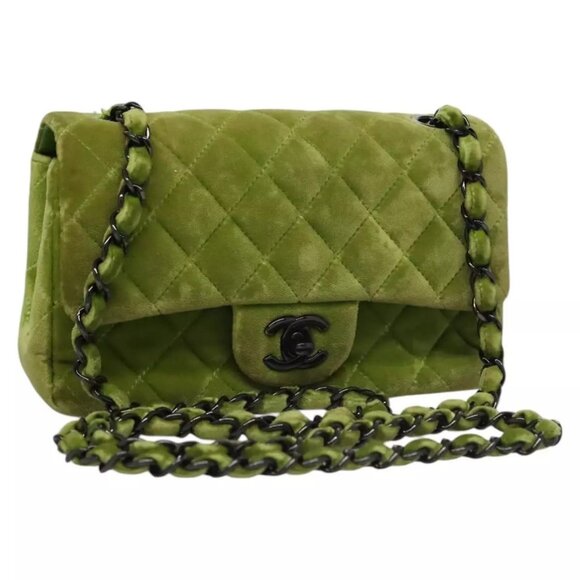 CHANEL Mini Matelasse 20 Single Flap Chain Bag Velor Green CC Auth 115601A - Picture 1 of 16